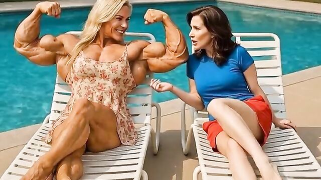 The girl with muscles is seducing by her body, showcasing outrageous strength