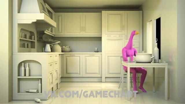 Розовый гусь смотрит в окно