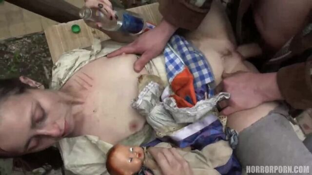 Kinky people are having a horror sex session in an old house, during the day