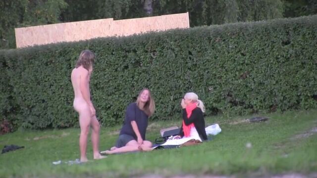 Naked guy picking up girls. cfnm, voyeur